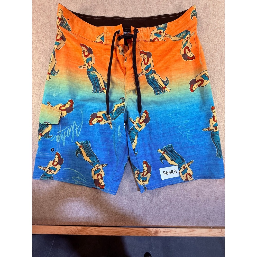 Hang Ten Mens Board Shorts Size 34 Blue Orange Hula Girl Aloha Sunset Ombre Surf